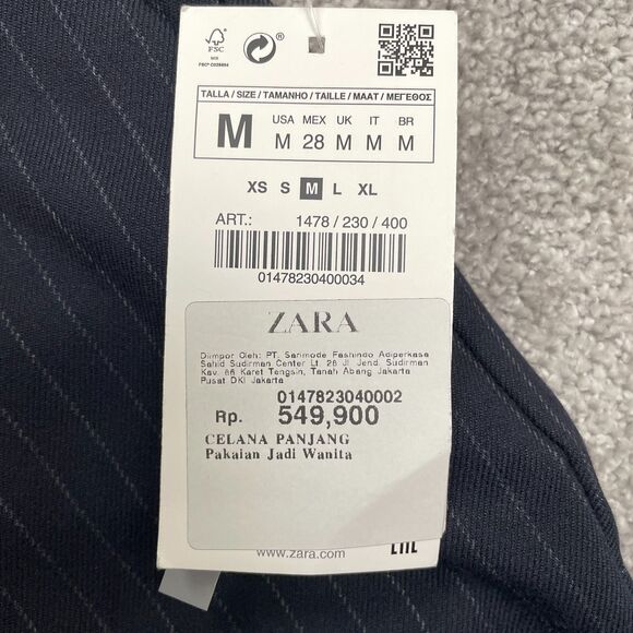 Zara Jogger Waist Dress Pants Women Medium Navy Blue Stripe Straight Trouser NWT - Picture 4 of 14